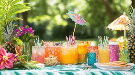 Colorful drinks and snacks on a summer patio