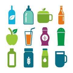 Collection of colorful drink containers icons on white background