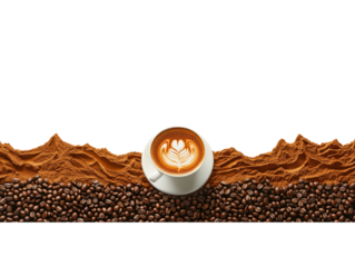 Coffee Artistry: A delicate latte, adorned with an intricate heart design, sits serenely amidst a symphony of coffee beans and cocoa powder. A testament to coffee passion and barista expertise.