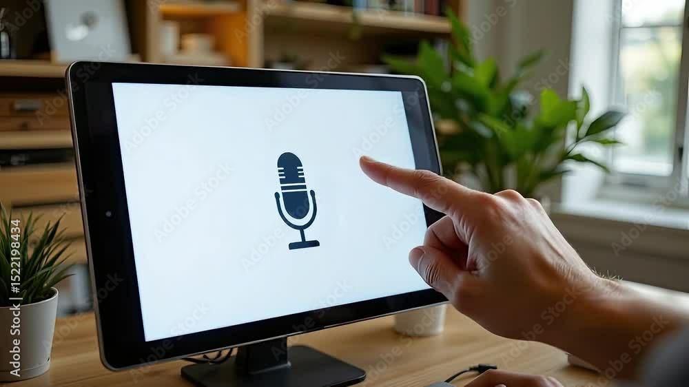 Aufkleber hand pointing at microphone icon on computer screen in modern workspace with houseplants and natural