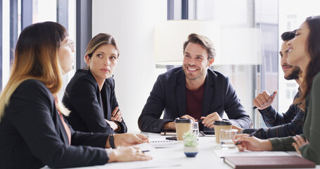 Man, group and meeting with smile in office with agenda, planning and strategy at media company. People, journalist and editor with problem solving, happy and team with feedback at startup agency