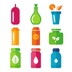 Colorful vector flat illustration of various bottles and containers