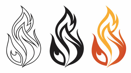 Three stylized flame illustrations: outline, solid black, and colored