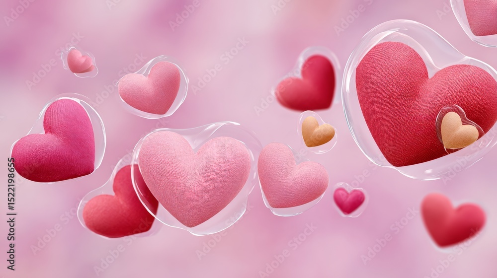 Aufkleber pink background with many hearts floating in the air. the hearts are of different sizes and colors, 