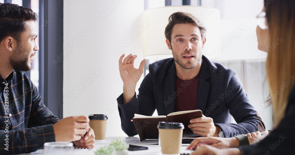 Poster meeting, notebook and teamwork with business people in office together for discussion or planning. c
