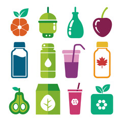 Assortment of colorful vector fruit and drink icons flat