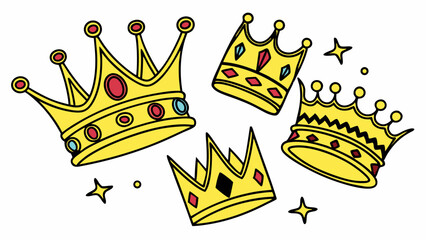 Fototapeta premium Cartoon Crowns: Four Yellow Crowns with Gemstones and Stars