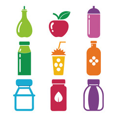 Bright flat vector icons of food containers on white