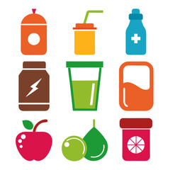 Colorful graphic of healthy food and nutrition supplements icons