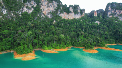 Aerial view of the reservoir and mountain views of Cheow Lan Lake, Khao Sok, Surat Thani Thailand