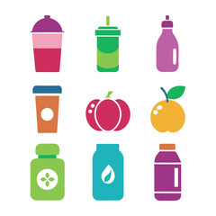 Colorful flat icon set of beverages and food items