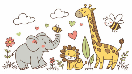 Obraz premium Cute Cartoon Animals: Elephant, Lion, Giraffe, and Bee Illustration