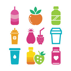 Colorful flat vector illustration of fruit and juice icons