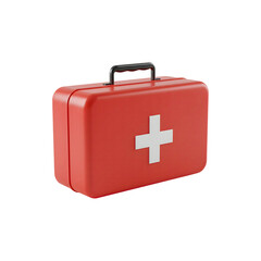 Obraz premium Bright red medical first aid kit with a white cross, used for emergency treatment and care