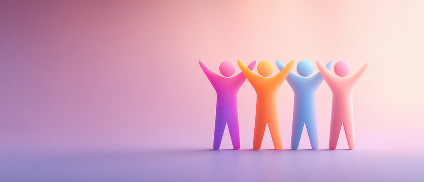 Inclusive workplace culture is represented by colorful figures standing together with raised arms expressing unity and positive teamwork