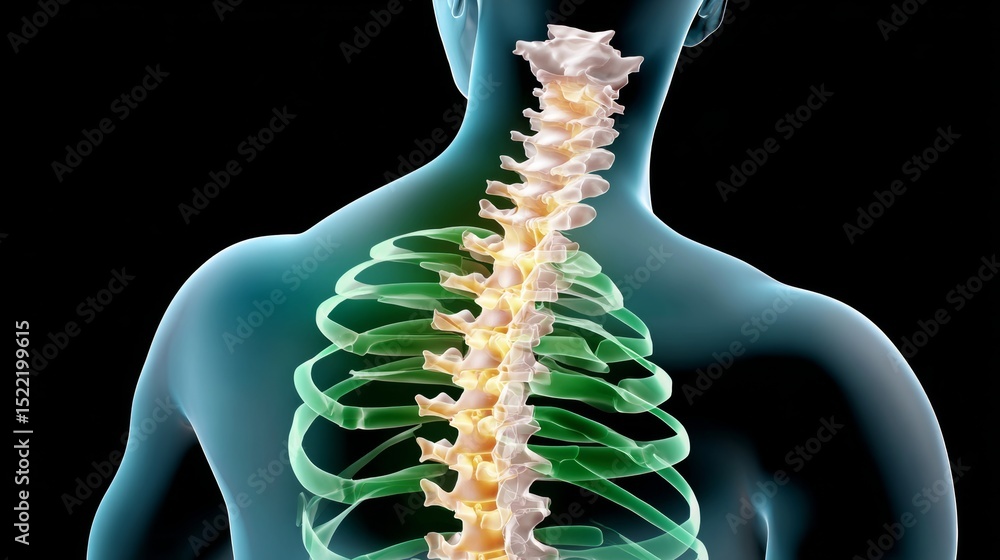 Poster man's spine is shown in a green and blue color. the spine is curved and has a lot of bones. the spin