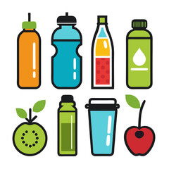 Variety of colorful drink containers and sliced fruit illustration
