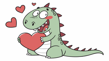 Obraz premium Cartoon Dinosaur Holding a Heart with Floating Hearts