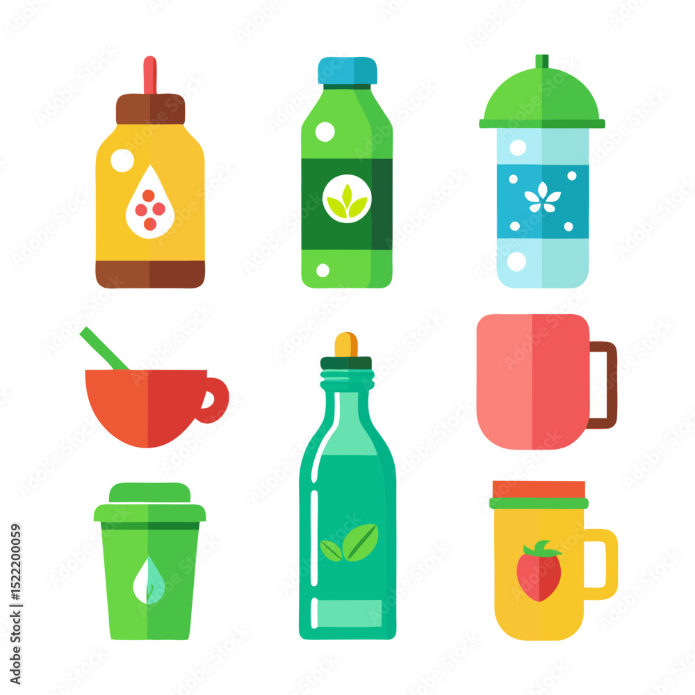 Poster collection of vector graphics with flat style beverage containers
