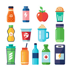 Twelve stylized healthy nutrition and fitness icons in flat style