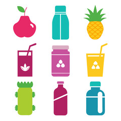 Vibrant assortment of fruit juices and bottled drinks in flat style