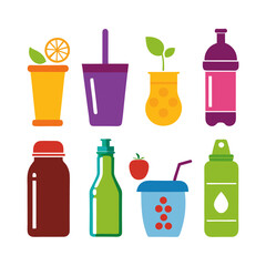 Flat design illustration of various colorful beverage containers