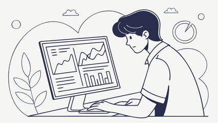 Man Analyzing Data on Computer Screen with Charts and Graphs