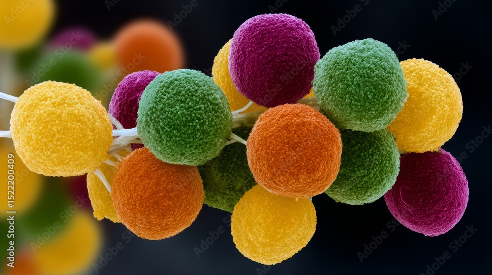 Poster bunch of colorful balls are hanging from a branch. the balls are of different colors and sizes, crea