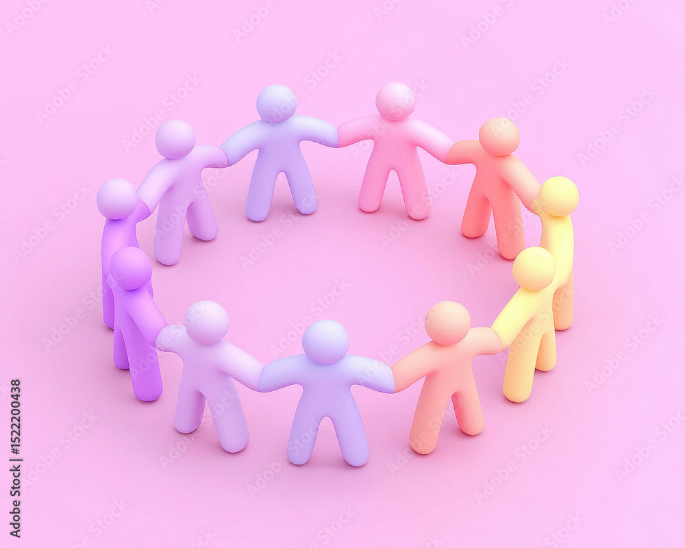 Poster inclusive workplace culture is represented by colorful figures holding hands in circle symbolizing u
