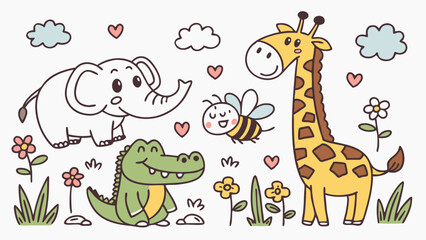 Obraz premium Adorable Cartoon Animals: Elephant, Giraffe, Crocodile, and Bee