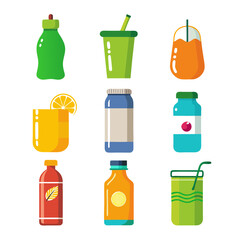 Variety of colorful drink containers on a white background