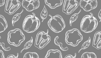 Hand drawn horizontal vector pattern with bell pepper and leaves. White outline on grey background with emphasis on natural shapes and details.