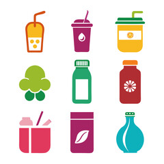 Colorful vector icon set of drinks and condiments bottles