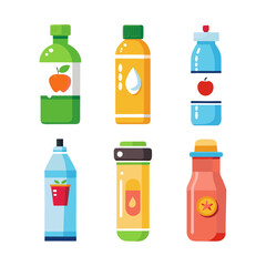 Colorful assorted beverage bottle illustrations in a flat design