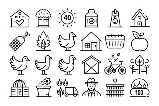 High quality line icon set featuring poultry farm elements chickens roosters eggs and related imagery