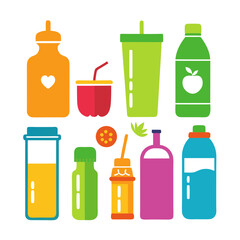 Colorful flat vector illustration of drink bottles and cups