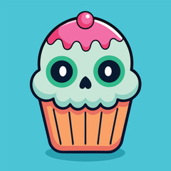 Cute Skull in Cupcake – Flat Cartoon Vector Icon Illustration of Food and Holiday Concept Isolated
