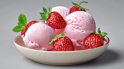 Bowl of ice cream with strawberries on top. The bowl is white and the ice cream is pink