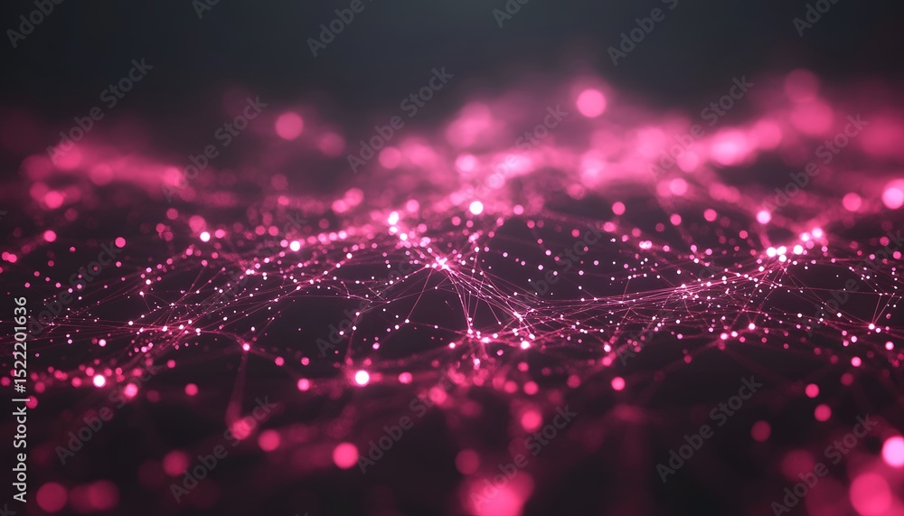 Poster pink network of interconnected points on a dark background.