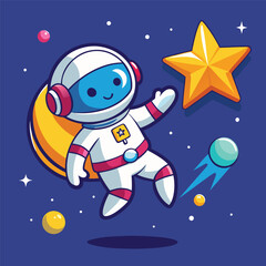 Cute Astronaut Playing with Star in Space – Cartoon Vector Icon Illustration, Science Technology Concept Isolated
