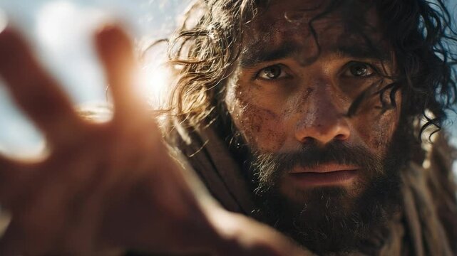 Reaching Hand: A poignant portrait of a weathered figure, reaching out a hand in a moment of solemnity, conveying a sense of vulnerability and offering in a raw, humanistic representation.