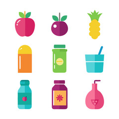 Nine colorful icons representing healthy food and supplements