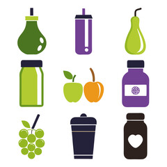 Flat vector illustration of healthy fruits, drinks, and containers