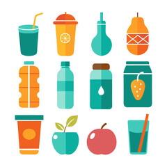 Healthy Drinks and Fruit Flat Icon Illustration Set