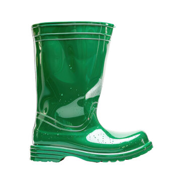 Vibrant green rubber boot designed for wet conditions, featuring glossy finish and sturdy sole. This footwear is ideal for gardening, outdoor activities, or rainy weather, providing both style
