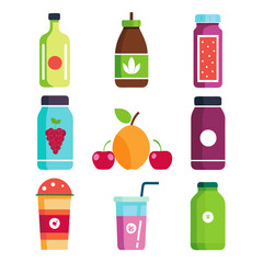 Colorful assortment of juice and smoothie flat vector icons