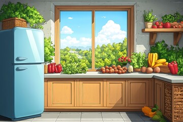 Cheerful  Refrigerator with Food Items by Window Overlooking Gardens and Houses | Whimsical Style