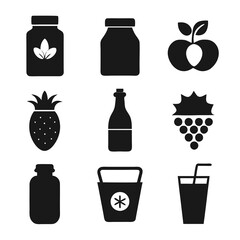 Black and white vector illustration of fruits and drinks