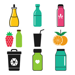 Colorful flat icons set depicting fruits beverages and recycling