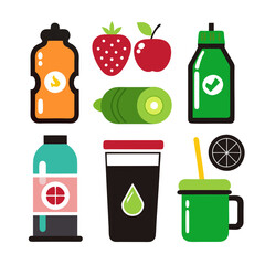 Flat vector icons collection of healthy beverage and fruit